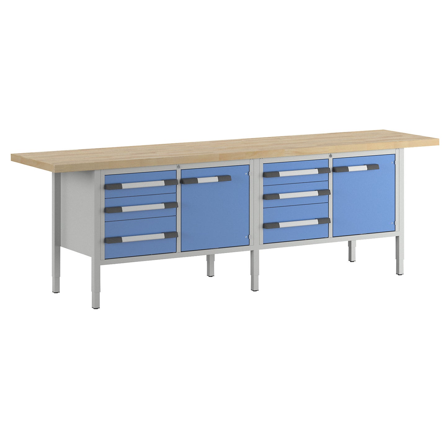 Height-adjustable workbench, frame construction, width 3000 mm, 6 drawers, 2 doors, grey / blue.