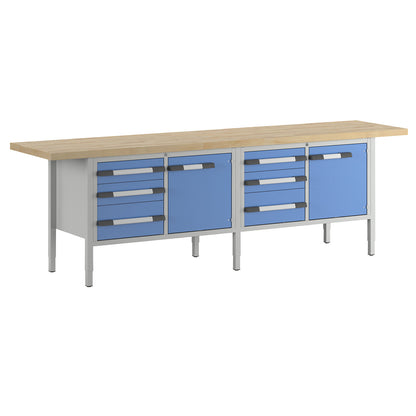 Height-adjustable workbench, frame construction, width 3000 mm, 6 drawers, 2 doors, grey / blue.