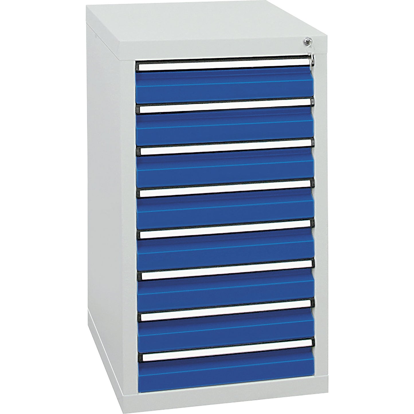 Drawer cupboard, HxWxD 900 x 500 x 500 mm, 8 x 100 mm high drawers, light grey body, gentian blue drawers.
