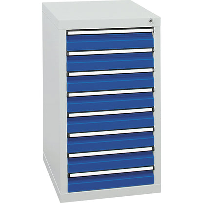 Drawer cupboard, HxWxD 900 x 500 x 500 mm, 8 x 100 mm high drawers, light grey body, gentian blue drawers.