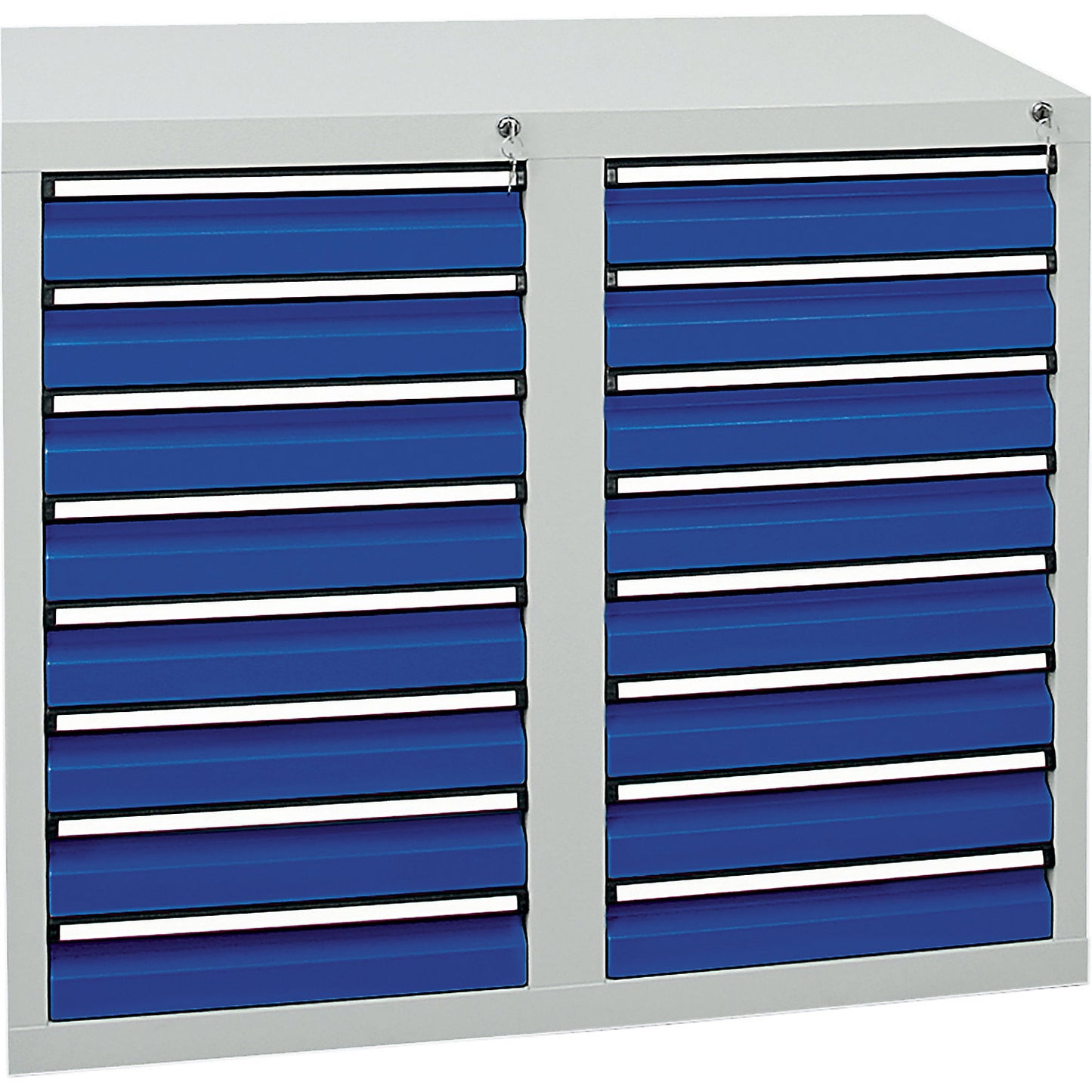 Drawer cupboard, HxWxD 900 x 1000 x 500 mm, 16 x 100 mm high drawers, grey body, gentian blue drawers.
