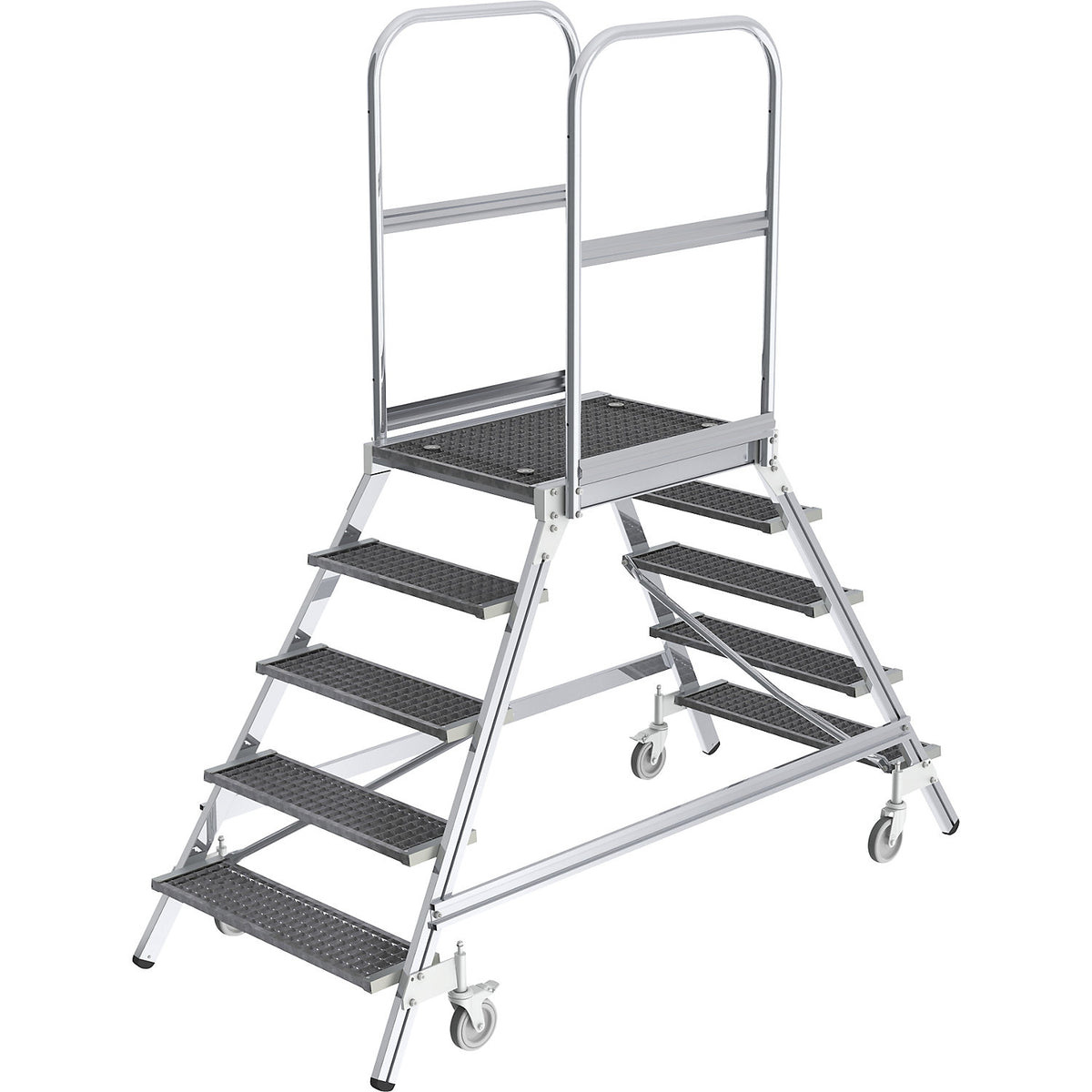 Platform steps with double sided access, platform and steps made of expanded steel mesh, 2x5 steps inclusive platform.