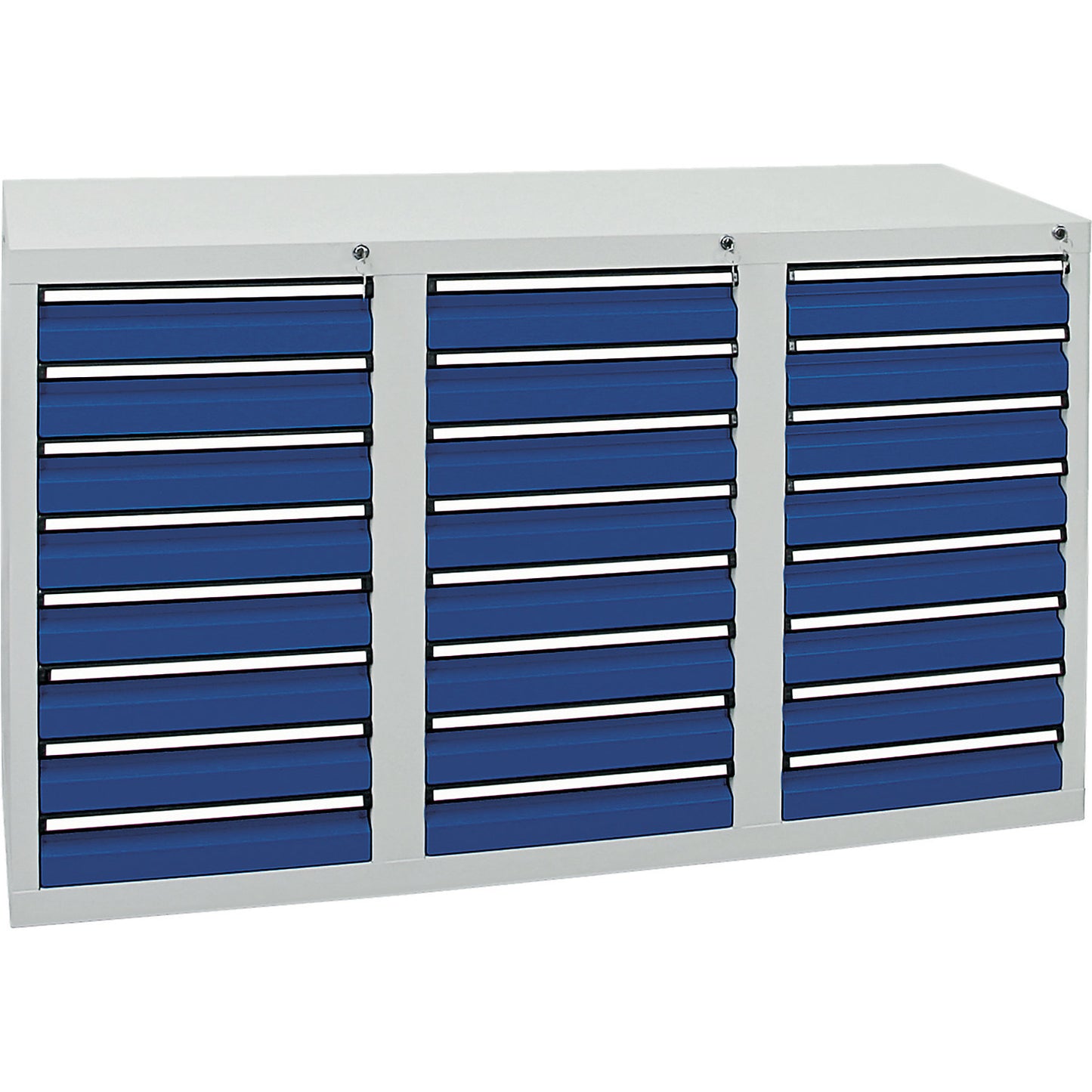 Drawer cupboard, HxWxD 900 x 1500 x 500 mm, 24 x 100 mm high drawers, grey body, gentian blue drawers.