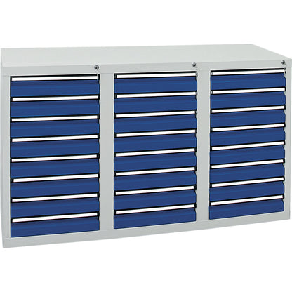 Drawer cupboard, HxWxD 900 x 1500 x 500 mm, 24 x 100 mm high drawers, grey body, gentian blue drawers.