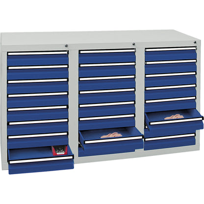 Drawer cupboard, HxWxD 900 x 1500 x 500 mm, 24 x 100 mm high drawers, grey body, gentian blue drawers.