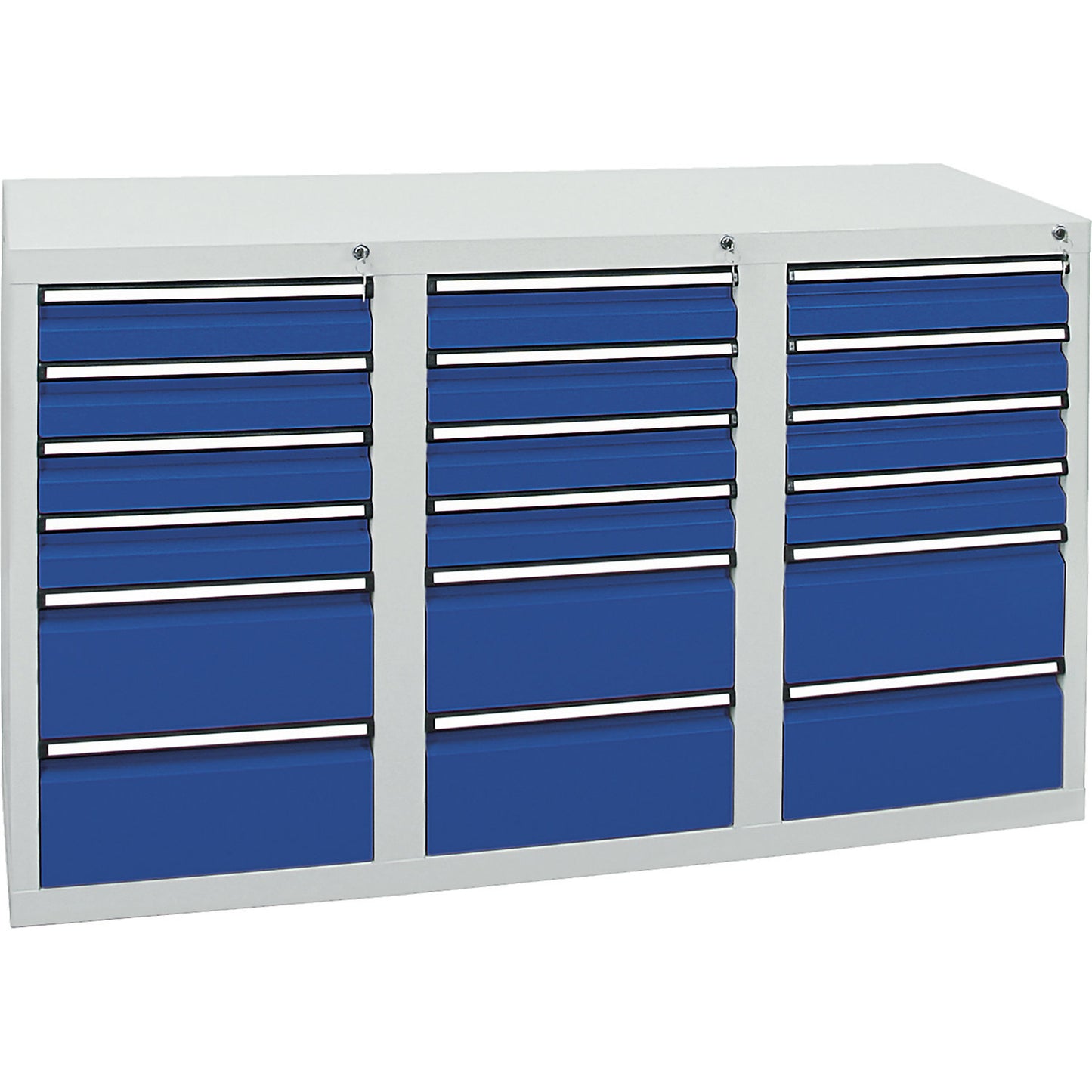 Drawer cupboard, HxWxD 900 x 1500 x 500 mm, 12 x 100 mm drawers, 6 x 200 mm high drawers, grey body, gentian blue drawers.