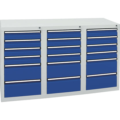 Drawer cupboard, HxWxD 900 x 1500 x 500 mm, 12 x 100 mm drawers, 6 x 200 mm high drawers, grey body, gentian blue drawers.