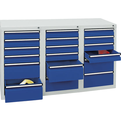 Drawer cupboard, HxWxD 900 x 1500 x 500 mm, 12 x 100 mm drawers, 6 x 200 mm high drawers, grey body, gentian blue drawers.