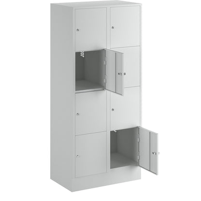 Munich 4-fold compartment locker, 2 compartments, light grey, W 800 mm, with base plinth.