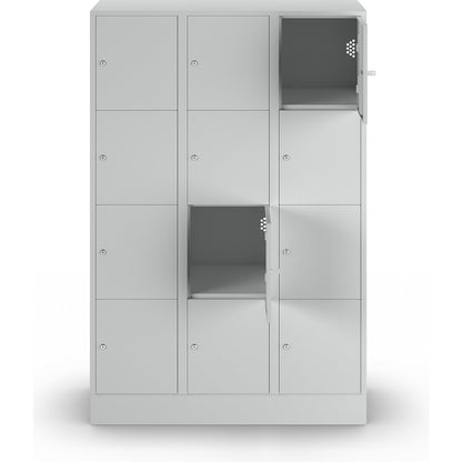 Munich 4-fold compartment locker, 3 compartments, light grey, W 1200 mm, with base plinth.