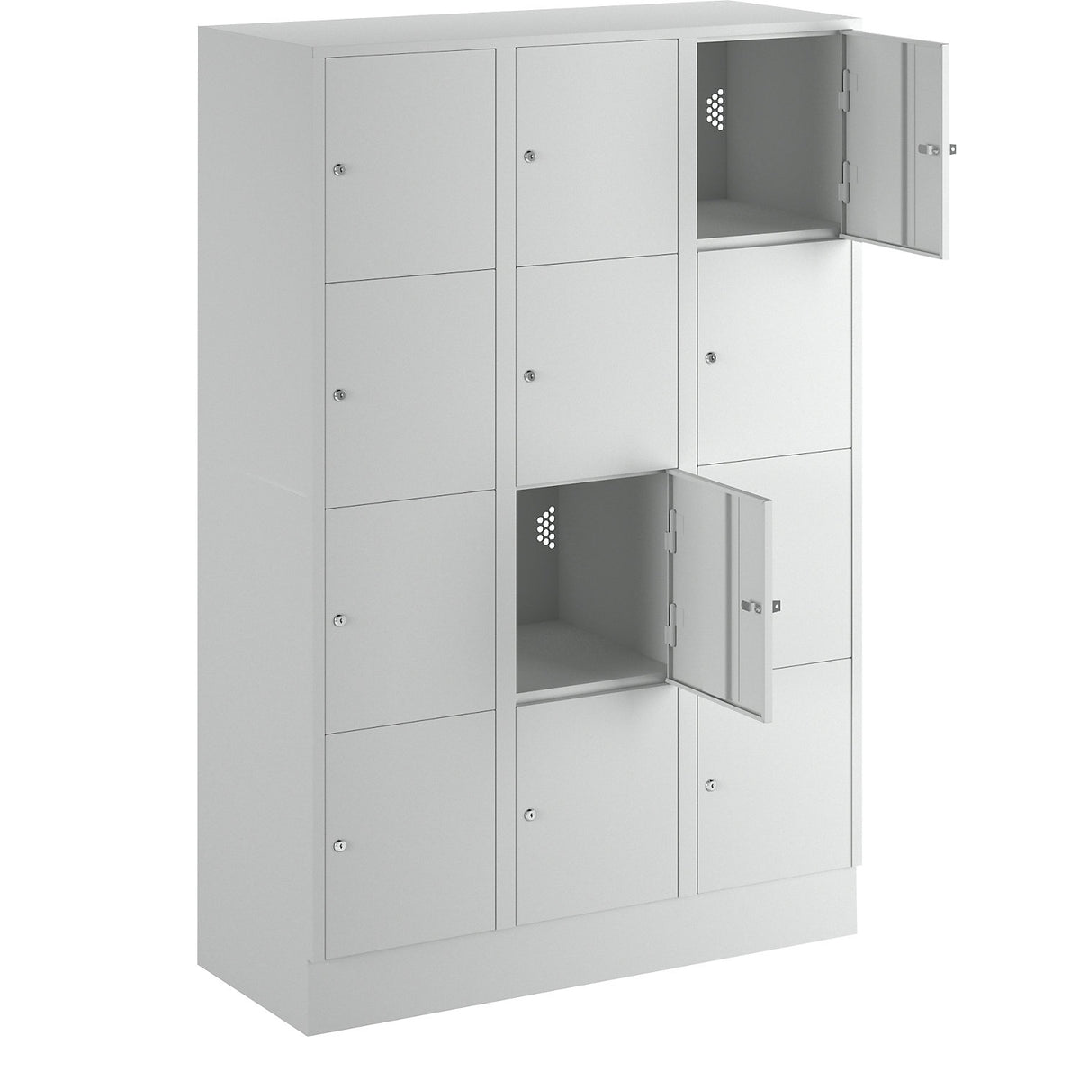 Munich 4-fold compartment locker, 3 compartments, light grey, W 1200 mm, with base plinth.