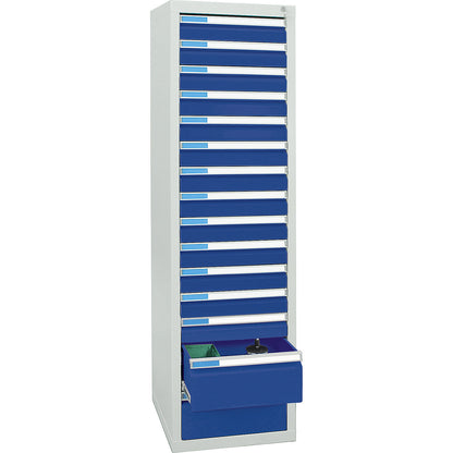 Drawer cupboard, HxWxD 1800 x 500 x 500 mm, 13 x 100 mm drawers, 2 x 200 mm high drawers, grey body, gentian blue drawers.