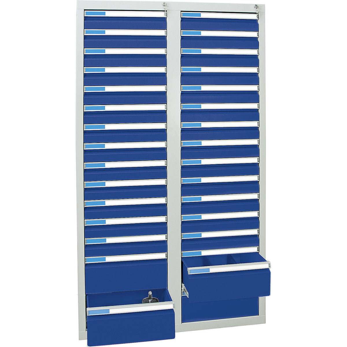 Drawer cupboard, HxWxD 1800 x 1000 x 500 mm, 26 x 100 mm drawers, 4 x 200 mm high drawers, grey body, gentian blue drawers.