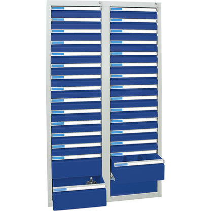 Drawer cupboard, HxWxD 1800 x 1000 x 500 mm, 26 x 100 mm drawers, 4 x 200 mm high drawers, grey body, gentian blue drawers.