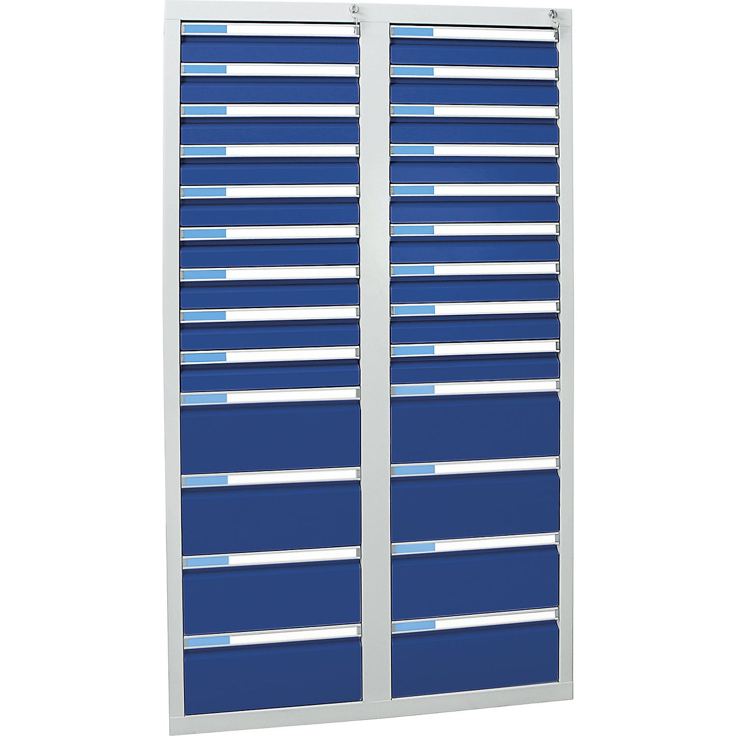 Drawer cupboard, HxWxD 1800 x 1000 x 500 mm, 18 x 100 mm drawers, 8 x 200 mm high drawers, grey body, gentian blue drawers.