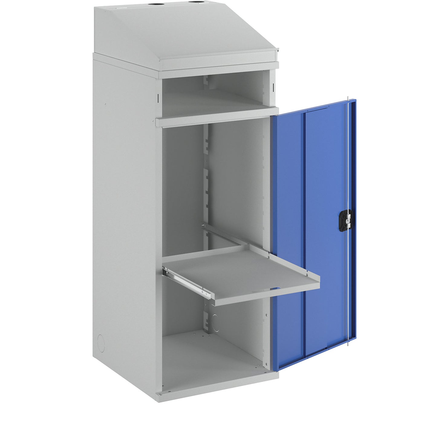 Industrial pedestal desk, with open compartment above the cupboard, width 450 mm, light grey / gentian blue.