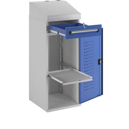 Industrial pedestal desk, with 1 drawer above the cupboard, width 450 mm, light grey / gentian blue.