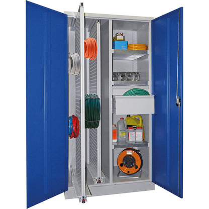 Vertical pull-out cupboard, with 2 drawers and 3 shelves, light grey / gentian blue.