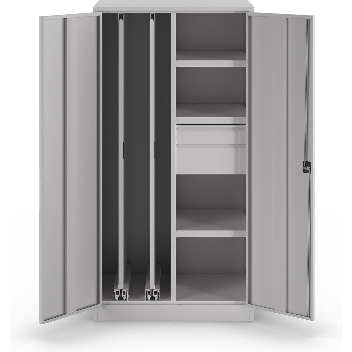 Vertical pull-out cupboard, with 2 pullouts, 2 drawers and 3 shelves, light grey.