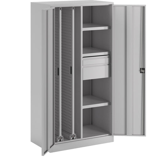 Vertical pull-out cupboard, with 2 pullouts, 2 drawers and 3 shelves, light grey.
