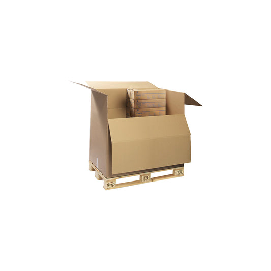 Pallet container, brown, with loading flap, internal dimensions 1170 x 770 x 1200 mm, triple fluted.
