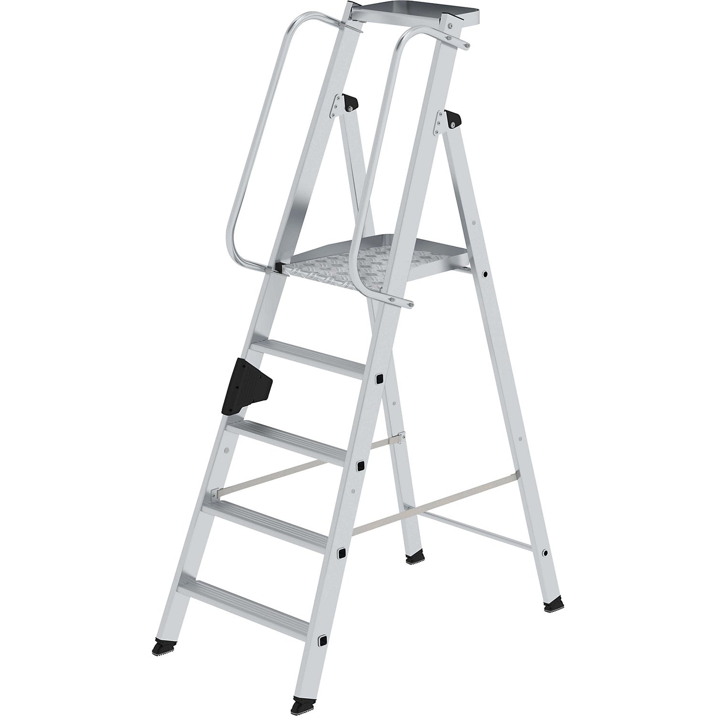 Aluminium step ladder with large platform, hand rail on both sides, 5 steps inclusive platforms.