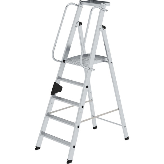 Aluminium step ladder with large platform, hand rail on both sides, 5 steps inclusive platforms.