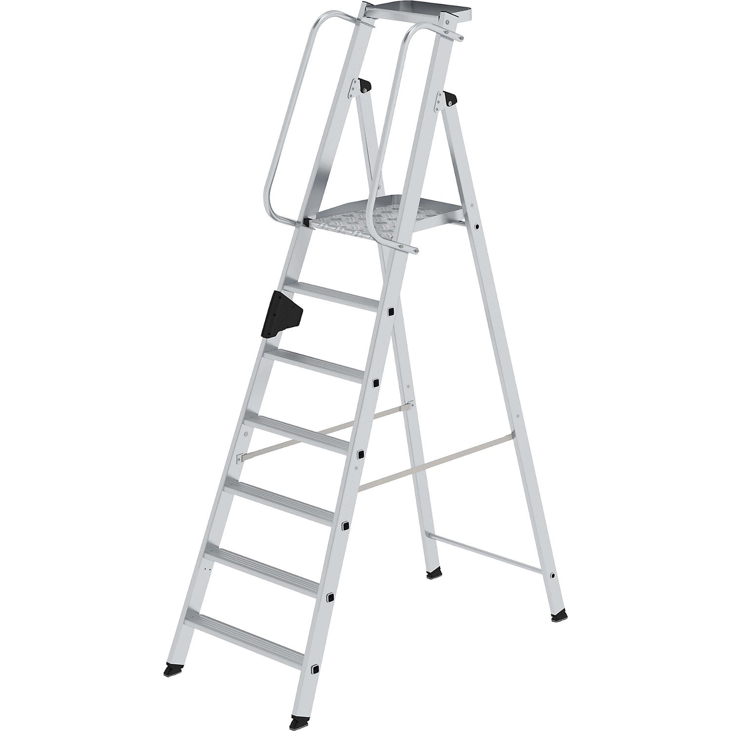 Aluminium step ladder with large platform, hand rail on both sides, 7 steps inclusive platforms.