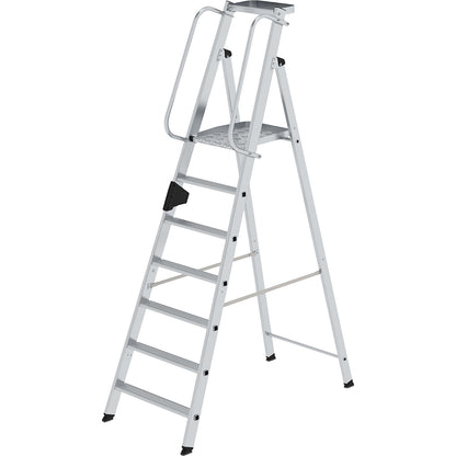 Aluminium step ladder with large platform, hand rail on both sides, 7 steps inclusive platforms.