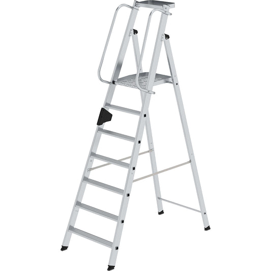 Aluminium step ladder with large platform, hand rail on both sides, 7 steps inclusive platforms.