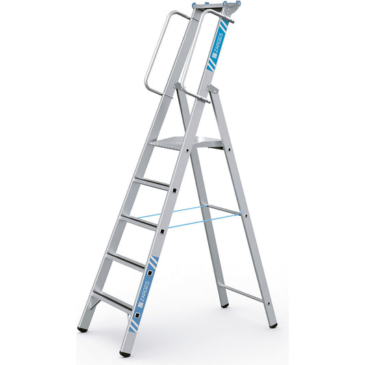 Aluminium step ladder with large platform, with hand rail on both sides, for self-assembly, 5 steps.