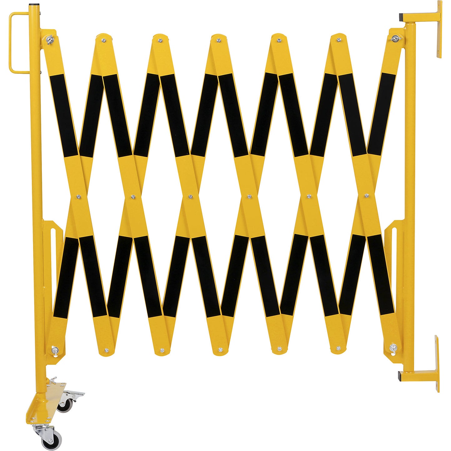 Expanding barrier, wall bracket, 2 castors, yellow / black, max. length 4000 mm.