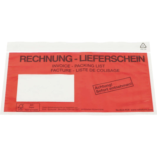 Recycled document bags, Packing list - Invoice imprint, pack of 250, LxW 240 x 140 mm.