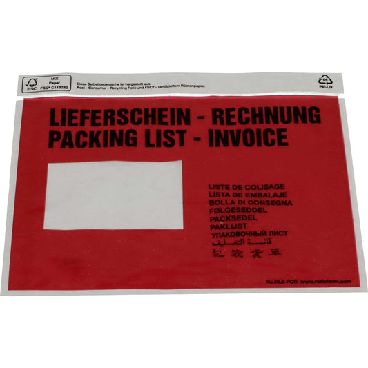 Recycled document bags, Packing list - Invoice imprint, pack of 250, LxW 240 x 185 mm.