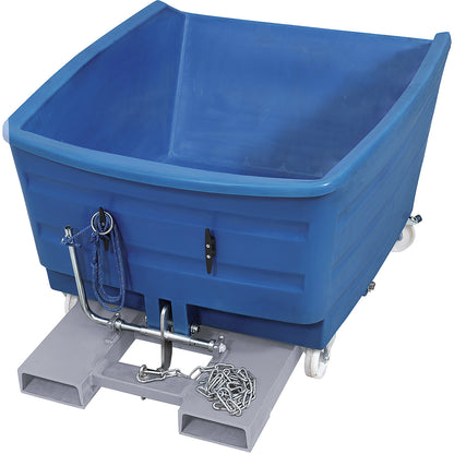 Heavy-duty tipping skip, made of polyethylene, capacity 0.75 m³, blue.