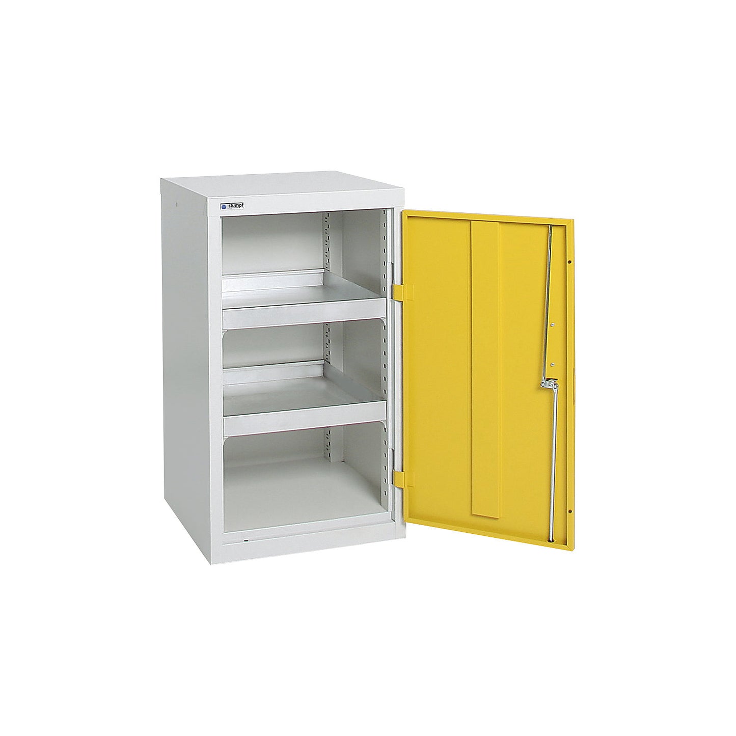 Environmental cupboard without door perforations, HxWxD 900 x 500 x 500 mm, 2 tray shelves, light grey / signal yellow.