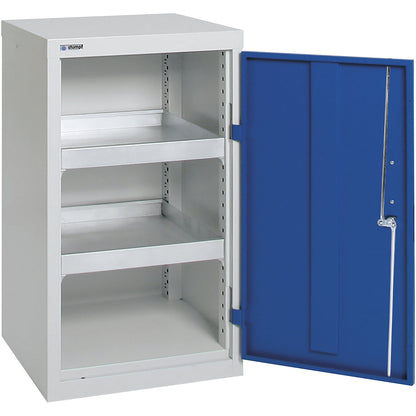 Environmental cupboard without door perforations, HxWxD 900 x 500 x 500 mm, 2 tray shelves, light grey / gentian blue.