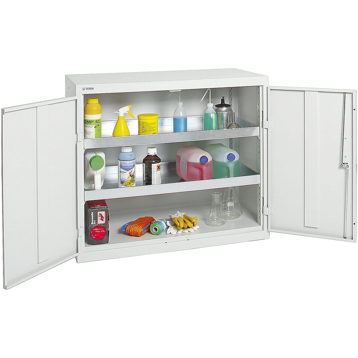 Environmental cupboard without door perforations, HxWxD 900 x 1000 x 500 mm, 2 tray shelves, light grey / light grey.