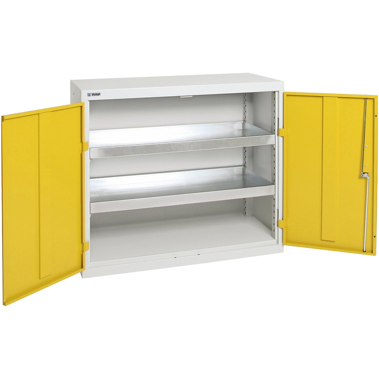 Environmental cupboard without door perforations, HxWxD 900 x 1000 x 500 mm, 2 tray shelves, light grey / signal yellow.
