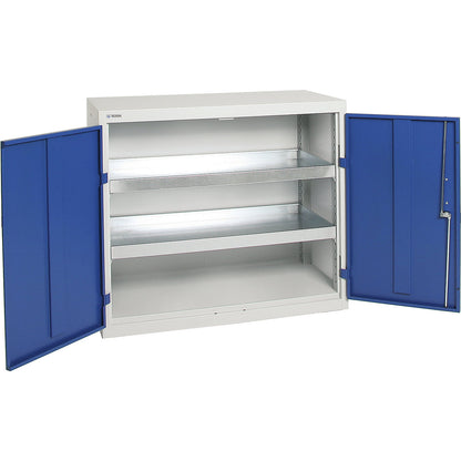 Environmental cupboard without door perforations, HxWxD 900 x 1000 x 500 mm, 2 tray shelves, light grey / gentian blue.