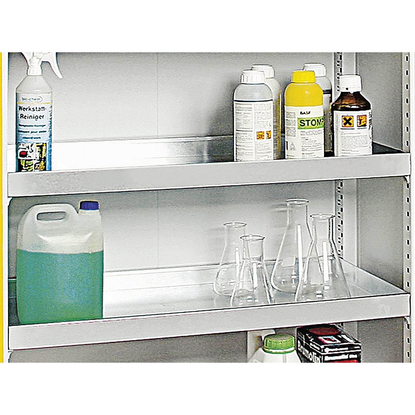 Environmental cupboard without door perforations, HxWxD 1800 x 1000 x 500 mm, 4 tray shelves, light grey / signal yellow.