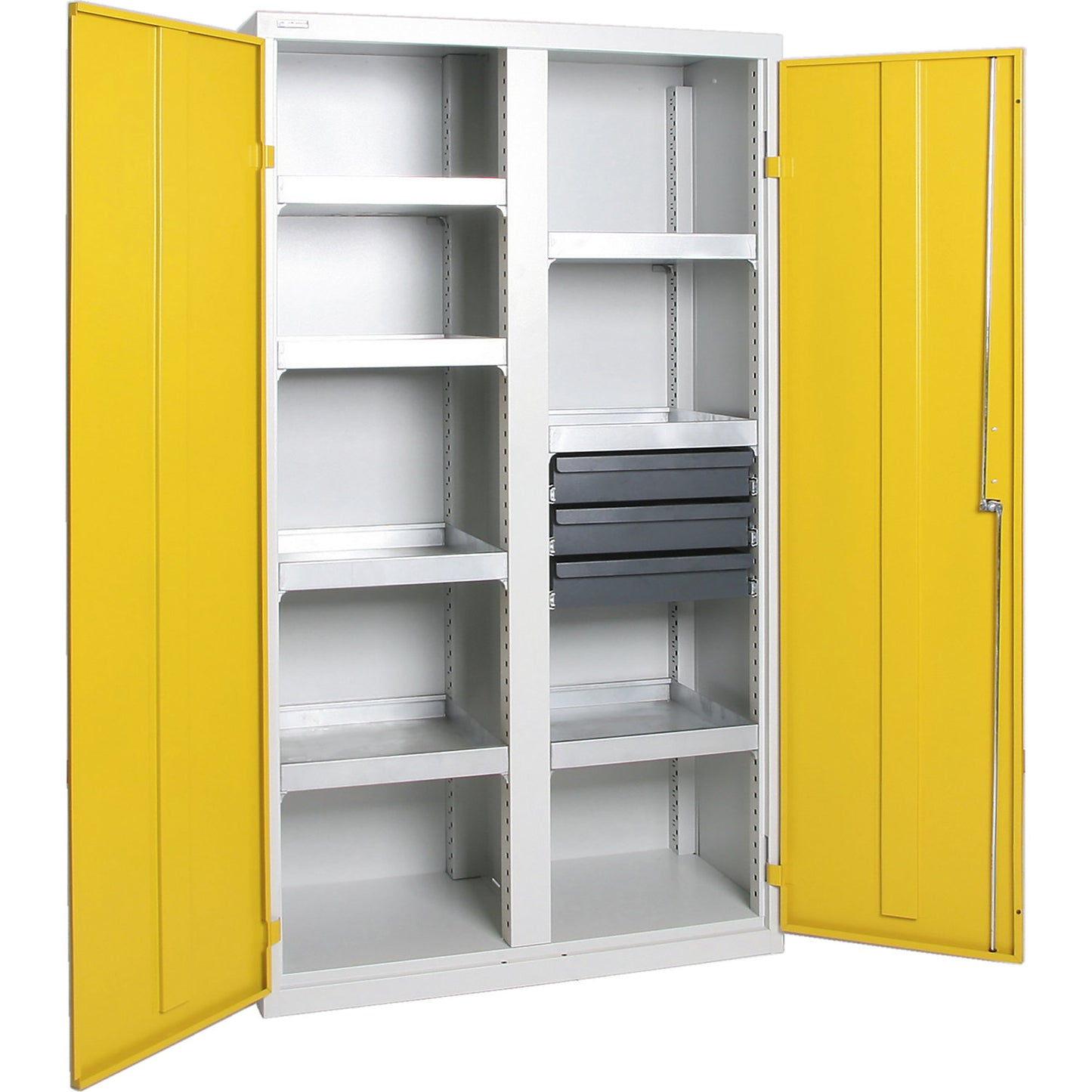 Environmental cupboard without door perforations, HxWxD 1800 x 1000 x 500 mm, 7 tray shelves, light grey / signal yellow.