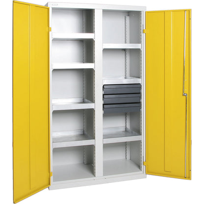 Environmental cupboard without door perforations, HxWxD 1800 x 1000 x 500 mm, 7 tray shelves, light grey / signal yellow.