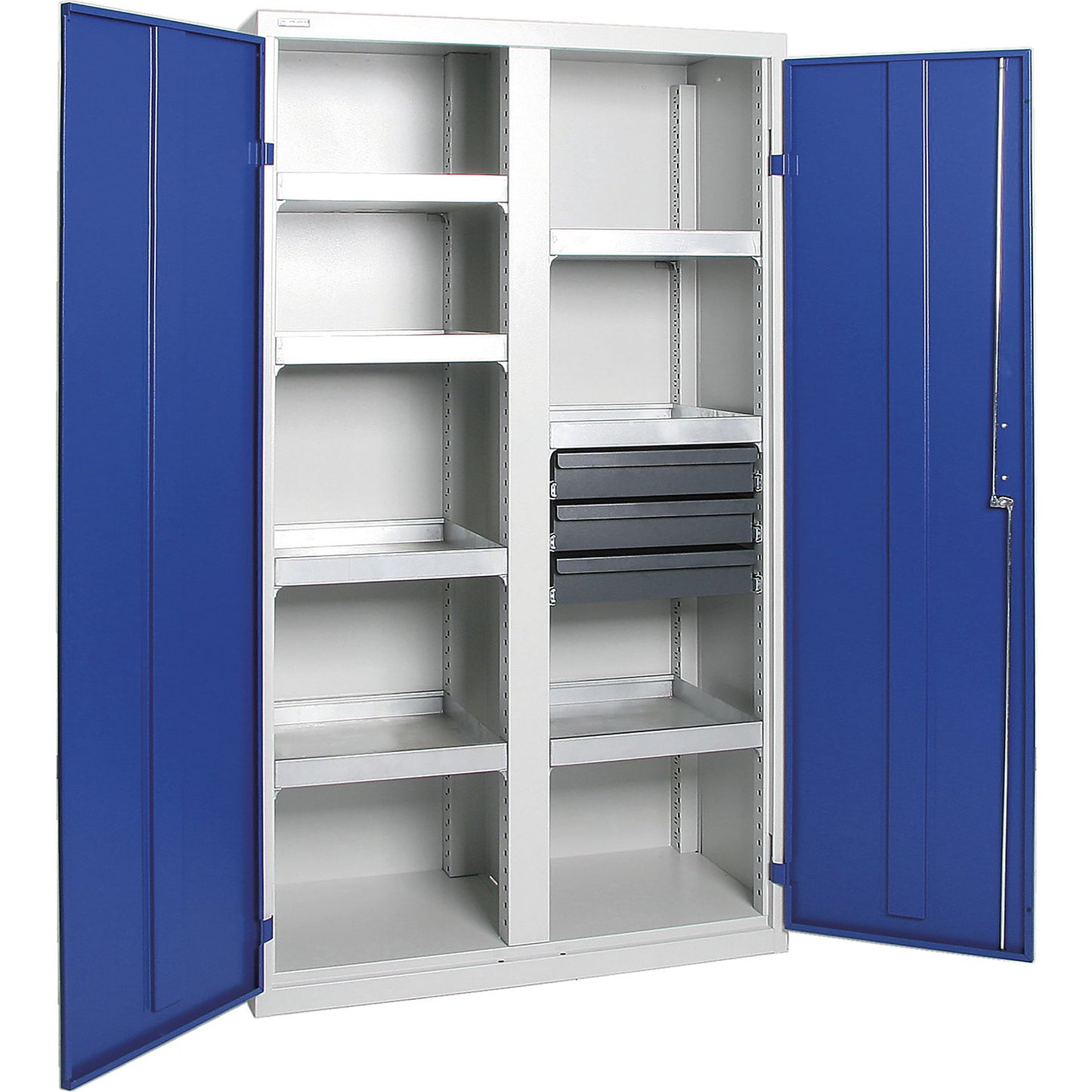 Environmental cupboard without door perforations, HxWxD 1800 x 1000 x 500 mm, 7 tray shelves, light grey / gentian blue.
