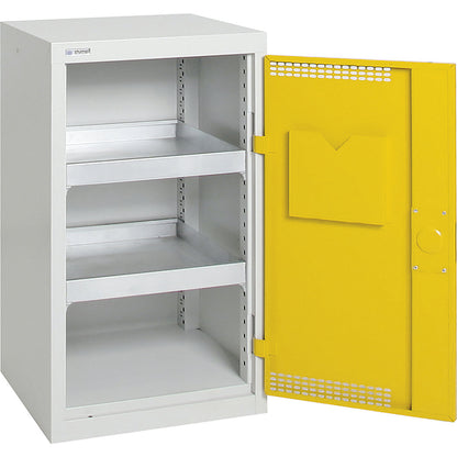 Environmental cupboard with door perforations, HxWxD 900 x 500 x 500 mm, 2 tray shelves, light grey / signal yellow.