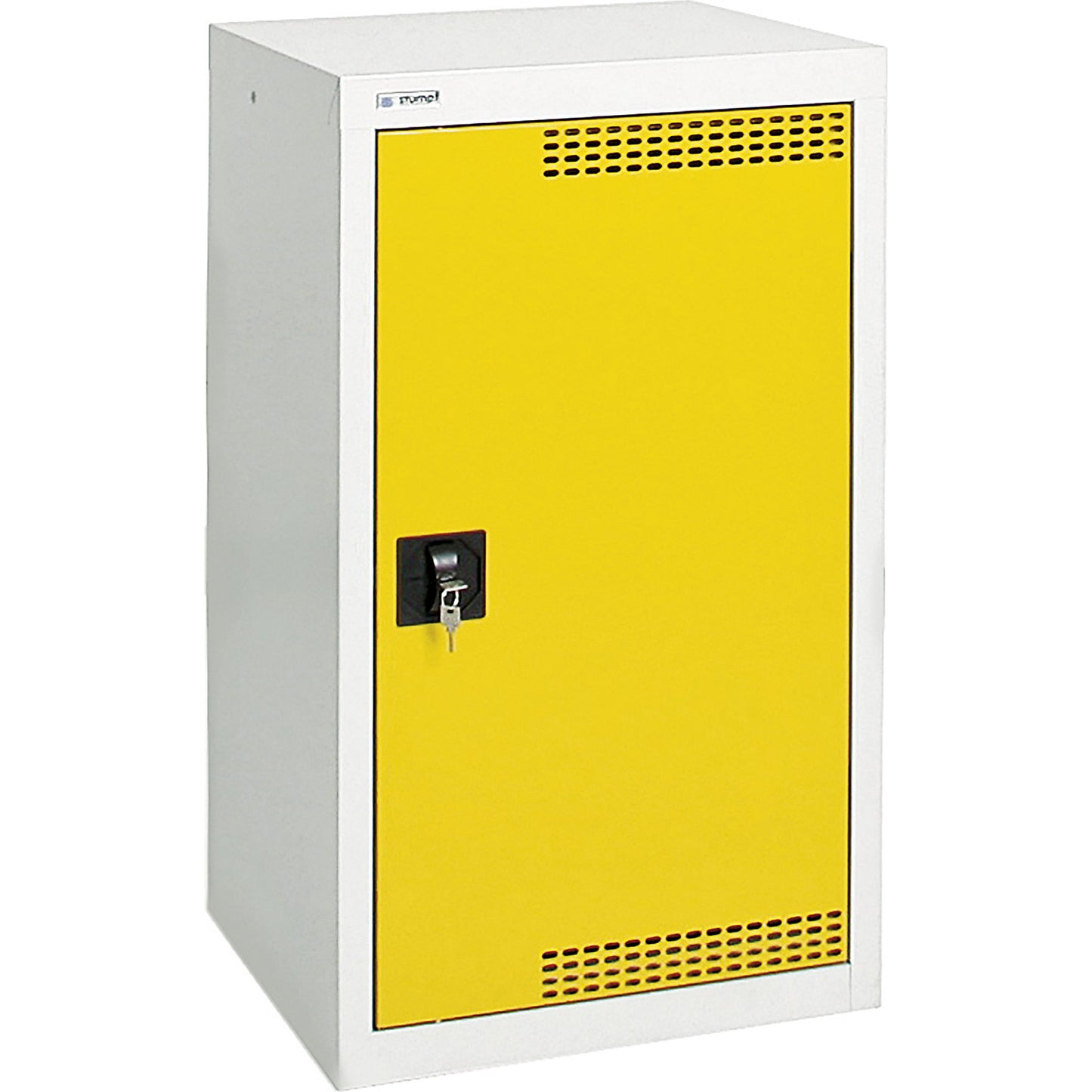 Environmental cupboard with door perforations, HxWxD 900 x 500 x 500 mm, 2 tray shelves, light grey / signal yellow.