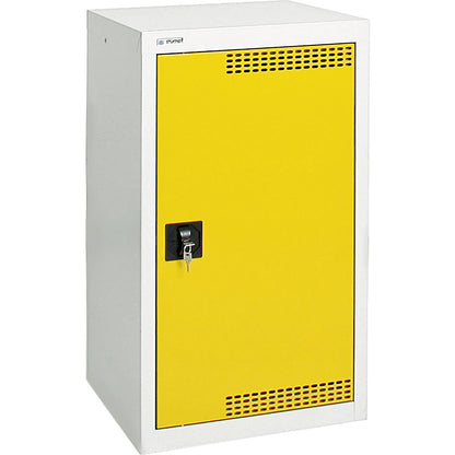 Environmental cupboard with door perforations, HxWxD 900 x 500 x 500 mm, 2 tray shelves, light grey / signal yellow.