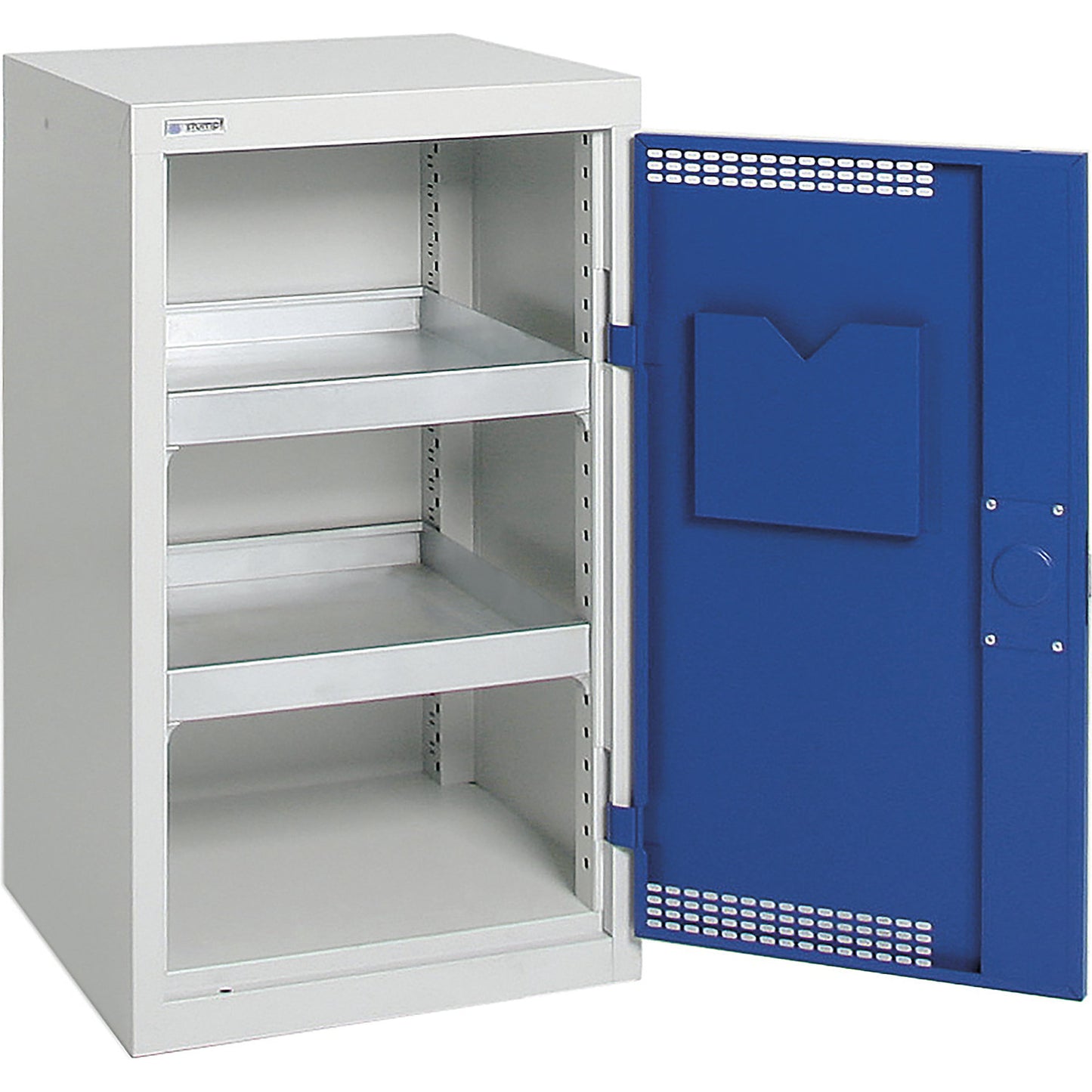 Environmental cupboard with door perforations, HxWxD 900 x 500 x 500 mm, 2 tray shelves, light grey / gentian blue.