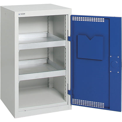 Environmental cupboard with door perforations, HxWxD 900 x 500 x 500 mm, 2 tray shelves, light grey / gentian blue.