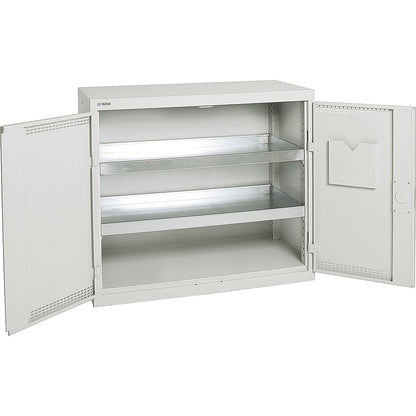 Environmental cupboard with door perforations, HxWxD 900 x 1000 x 500 mm, 2 tray shelves, light grey / light grey.